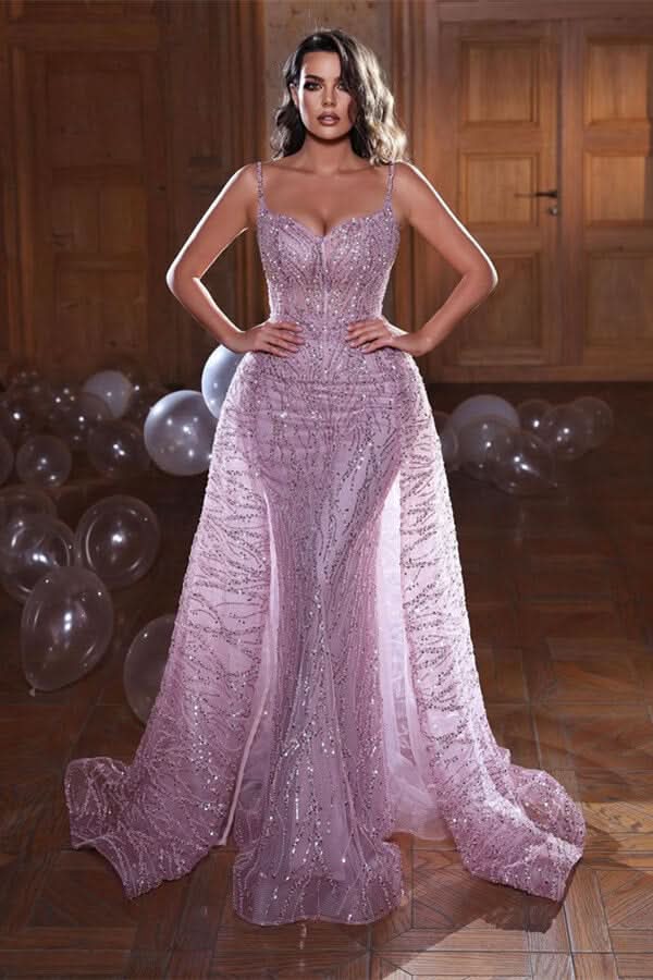 Shining Spaghetti-Strap Mermaid Evening Dress Overskirt Sleeveless Online BM bride