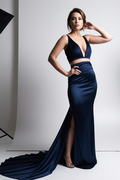 Prom Dress Simple Two Pieces V Neck Sleeveless Navy Blue Pleated