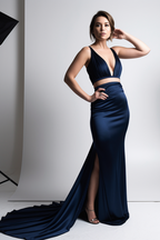 Prom Dress Simple Two Pieces V Neck Sleeveless Navy Blue Pleated