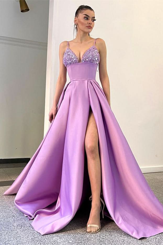 Lavender Spaghetti-Straps Sequins A-Line Evening Dress with Split BM bride