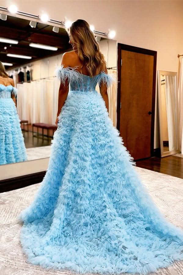 Light Blue V Neck Feather Ball Gown Evening Dress with Slit BM bride