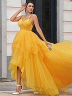 Chic Spaghetti Strap V Neck Sleeveless Tulle Long Prom Dress With Beadings