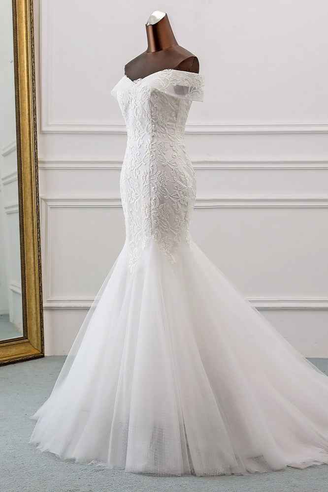 Off-the-Shoulder Long Mermaid Wedding Dress with Tulle Lace BM bride
