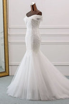 Off-the-Shoulder Long Mermaid Wedding Dress with Tulle and Lace BM bride