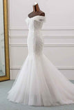 Off-the-Shoulder Long Mermaid Wedding Dress with Tulle Lace BM bride