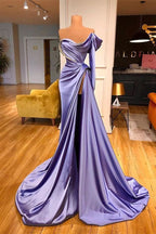 Purple One Shoulder Long Sleeves Evening Dress with Beadings and Split Mermaid BM bride