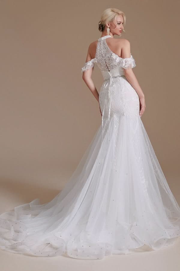 Elegant Long Mermaid Halter Tulle Floor-Length Wedding Dress with Lace Appliques BM bride