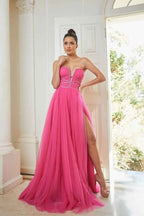 Chic Tulle Strapless Sleeveless Split Long Prom Dress With Sequins