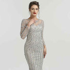 Elegant Ivory Bead Embroidery Long Sleeves Mermaid Long Prom Dress