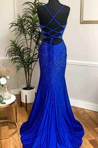 Royal Blue Spaghetti Strap Sleeveless Long Mermaid Prom Dress With Appliques