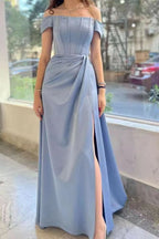 Dusty Blue Elegant Off-the-Shoulder Prom Dress with Pleats and Split BM bride