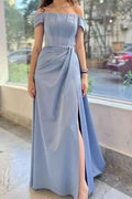 Dusty Blue Gorgeous Off the Shoulder Split Prom Dress With Pleated