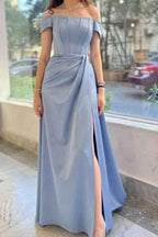 Dusty Blue Gorgeous Off the Shoulder Split Prom Dress With Pleated