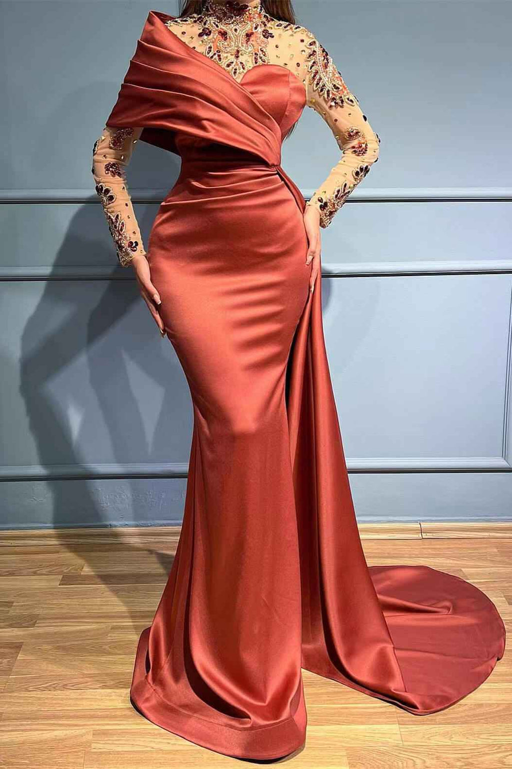 Gorgeous Crystal Mermaid Ruffles Prom Dress High Neck With Long Sleeves