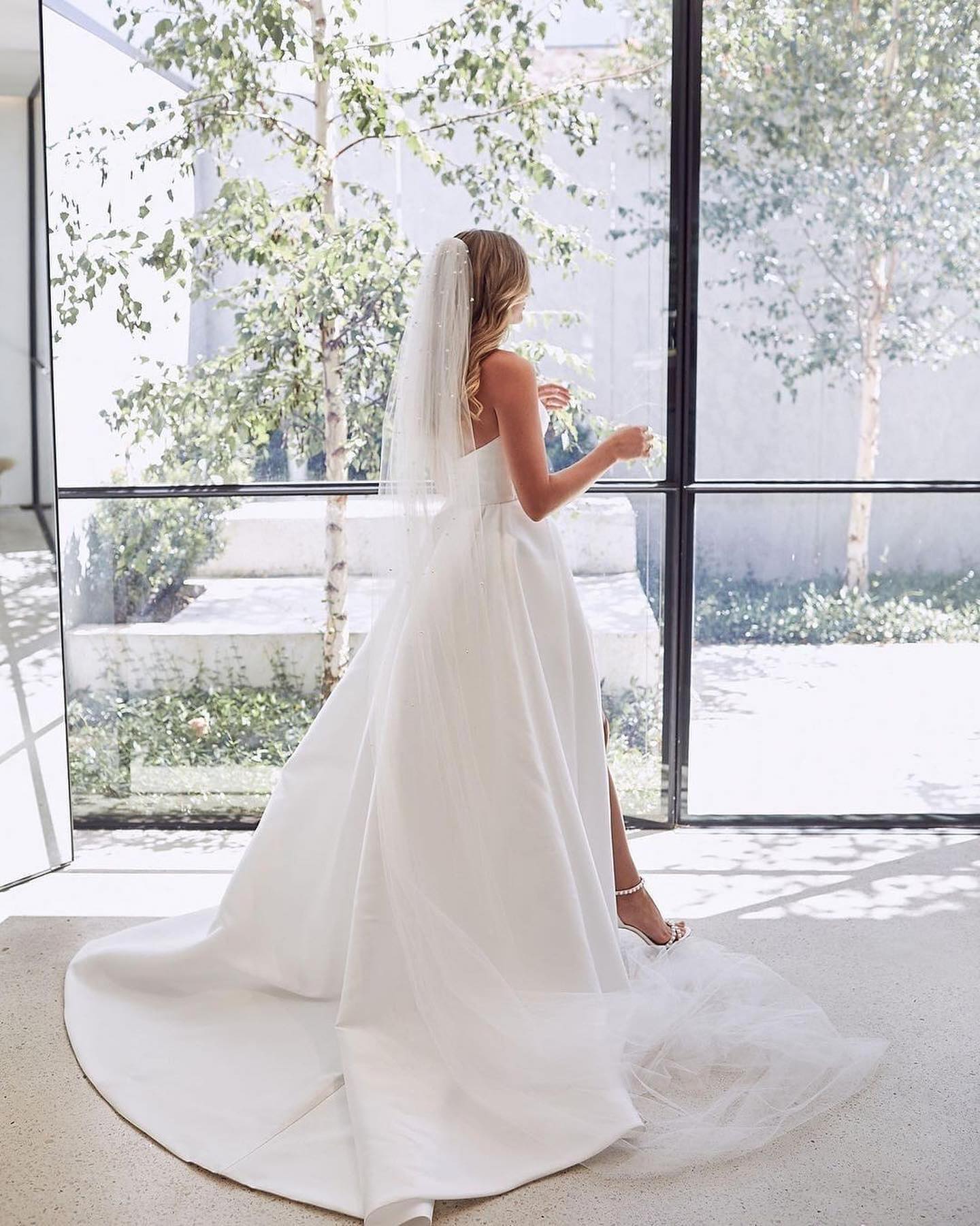 Sweetheart Satin A-Line Floor-Length Wedding Dress with Slit and Ruffles BM bride