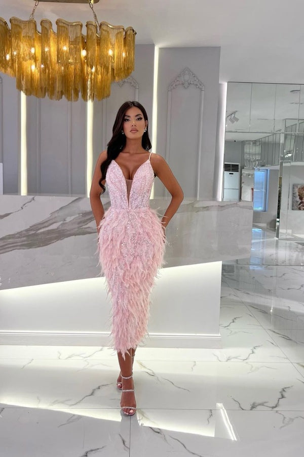 Pink Sequin Prom Dress with Beaded Feather BM bride