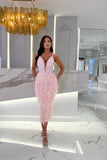 Pink Sequin Prom Dress with Beaded Feather BM bride