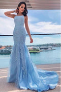 Sky Blue Halter Mermaid Prom Dress BM bride