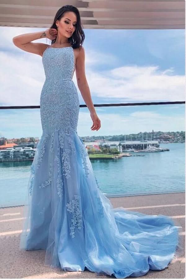 Sky Blue Halter Mermaid Prom Dress BM bride