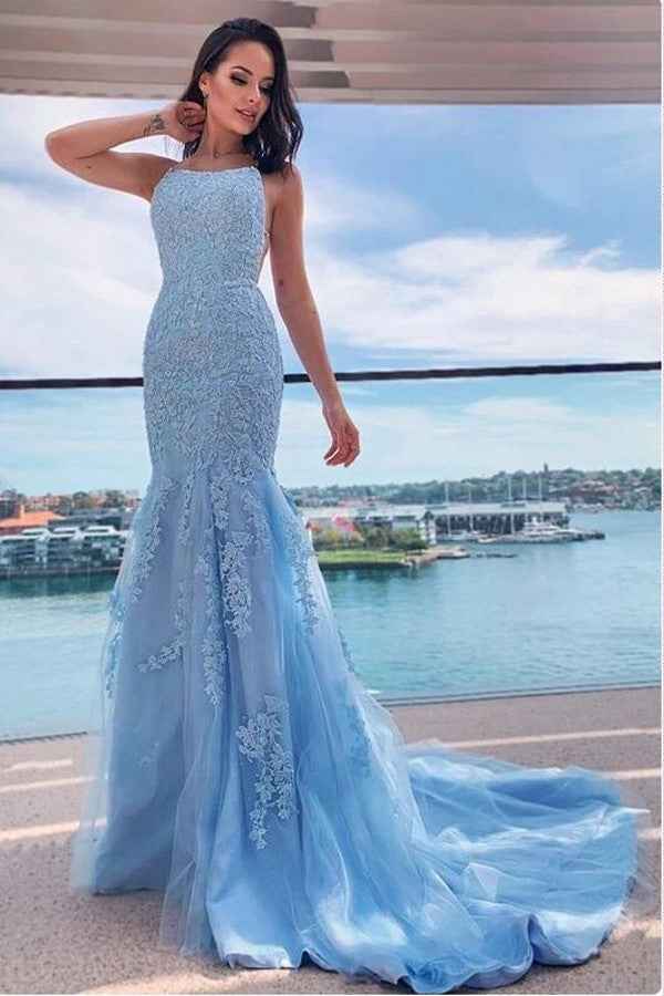 Classy Sky Blue Spaghetti Strap Halter Mermaid Prom Dress With Appliques
