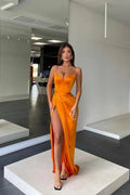 Orange Prom Dress Charmeuse Sleeveless Spaghetti Strap With Split