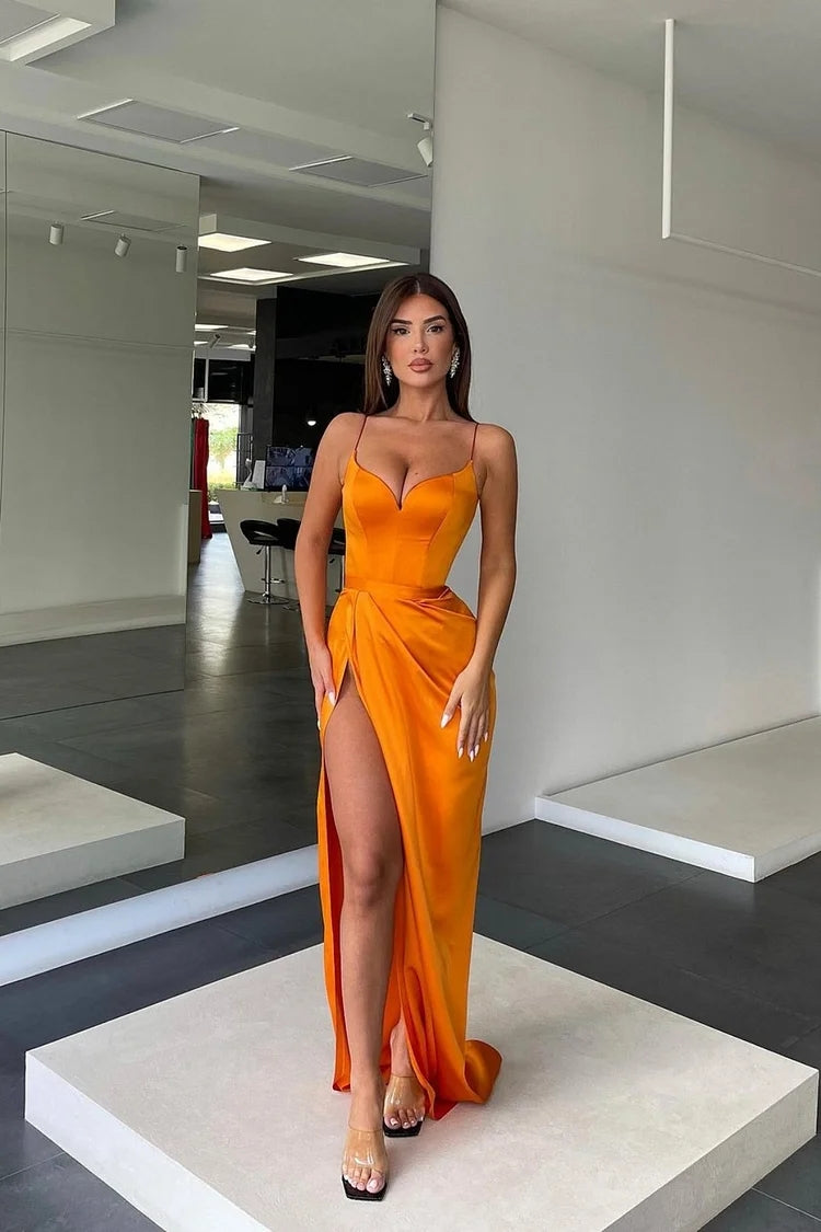Orange Prom Dress Charmeuse Sleeveless Spaghetti Strap With Split