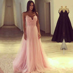 Pink Tulle Lace V Neck Sleeveless Long Appliques Prom Dress Spaghetti Strap