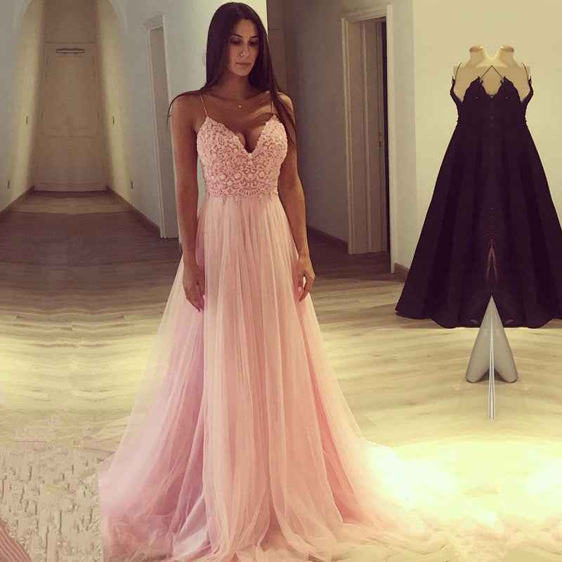 Pink Tulle Lace V Neck Sleeveless Long Appliques Prom Dress Spaghetti Strap