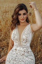 V-Neck Empire Mermaid Wedding Dress with Lace Beading BM bride