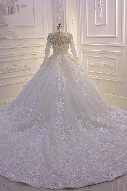 High Neck Long Sleeve Ball Gown Wedding Dress with Lace Ruffles BM bride