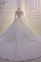 High Neck Long Sleeve Ball Gown Wedding Dress with Lace Ruffles BM bride