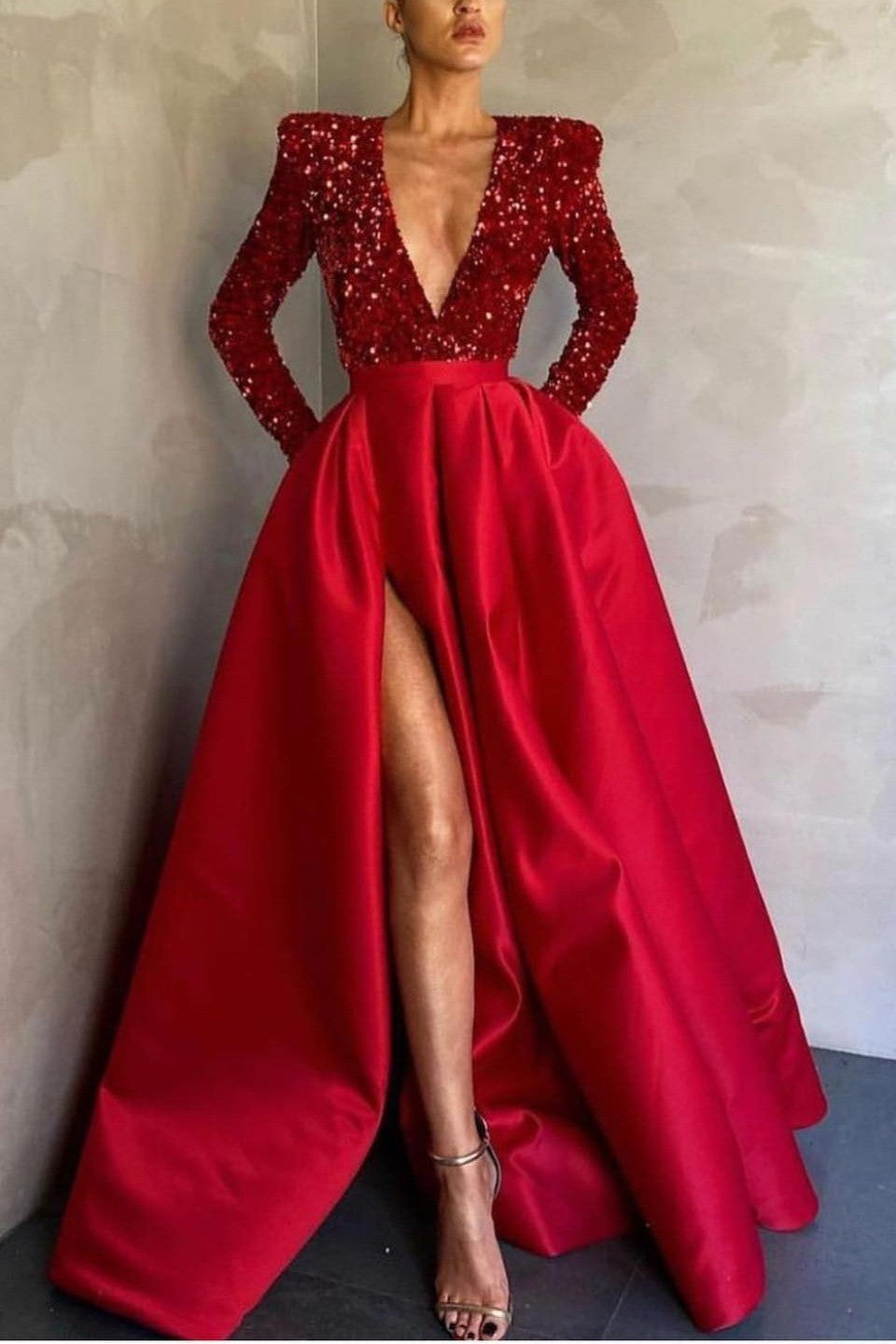 Deep V-Neck Long Sleeves Mermaid Prom Dress with Split and Sequins BM bride