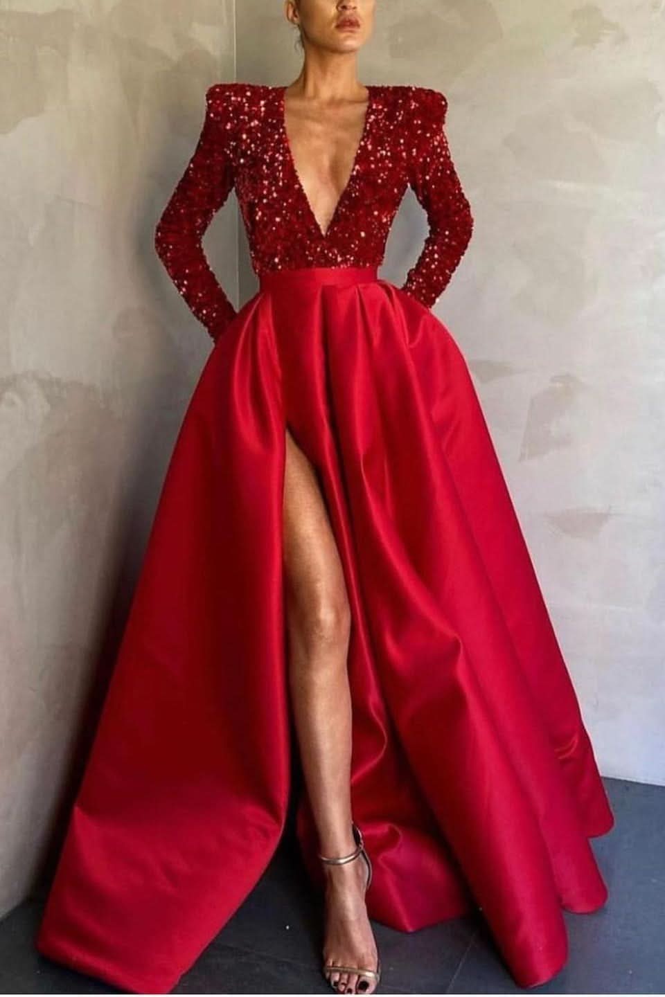 Deep V-Neck Long Sleeves Mermaid Prom Dress with Split and Sequins BM bride