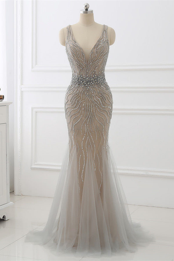 Amazing Tulle Sleeveless V Neck Prom Dress Mermaid With Beading