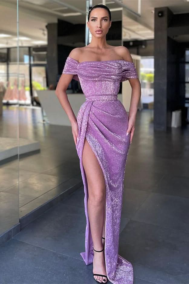 Lilac Off-The-Shoulder Split Mermaid Prom Dress with Sequins BM bride