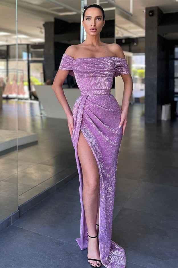 Lilac Off the Shoulder Strapless Prom Dress Mermaid High Split With Sequins