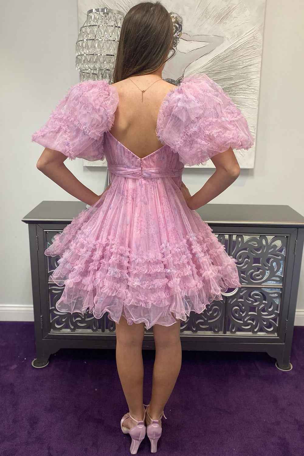 Ivory Puff Sleeves A-Line Floral Short Homecoming Dress with Ruffles Bmbride