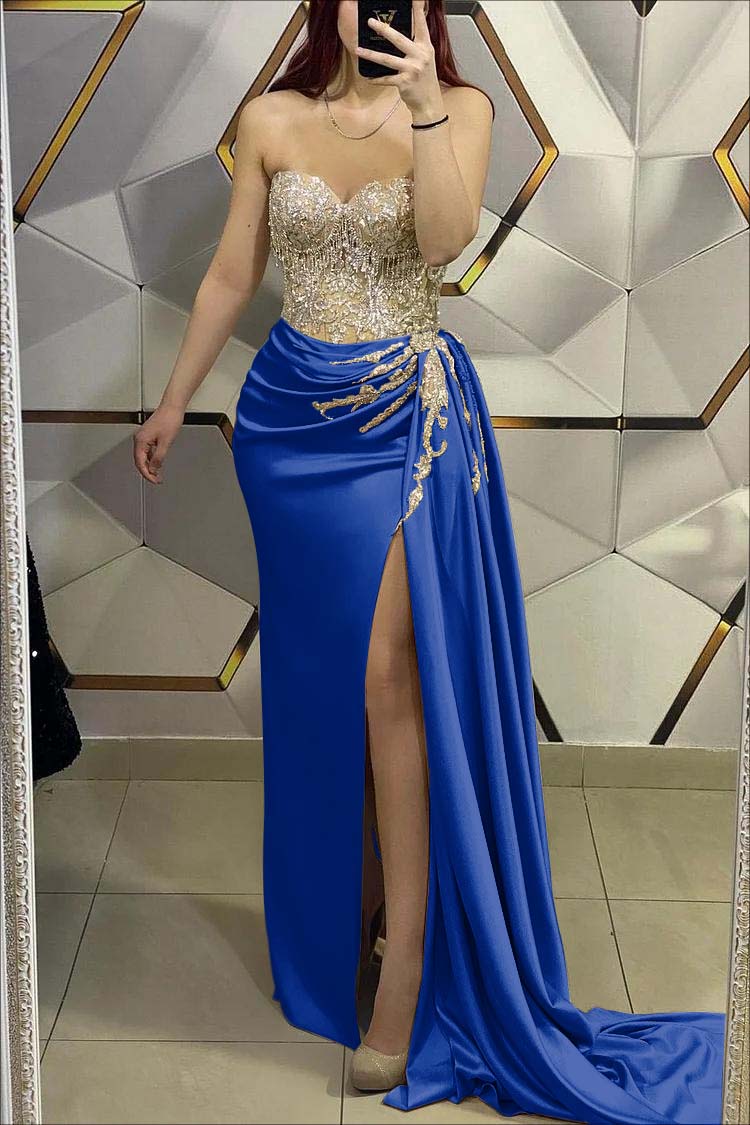 Gorgeous Gold Sweetheart Strapless Sleeveless Pleated Long Split With Beading