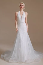 Elegant Long Mermaid Halter Tulle Floor-Length Wedding Dress with Lace Appliques BM bride