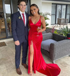 Red Spaghetti-Straps Evening Dress with Slit BM bride