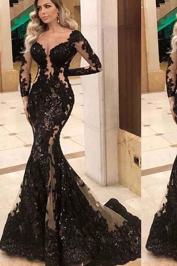 Charming Long Sleeves V Neck Long Mermaid Prom Dress With Appliques