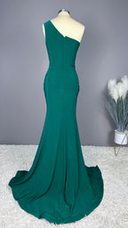 Emerald Green Sleeveless One-Shoulder Appliqued Long Prom Dress BM bride