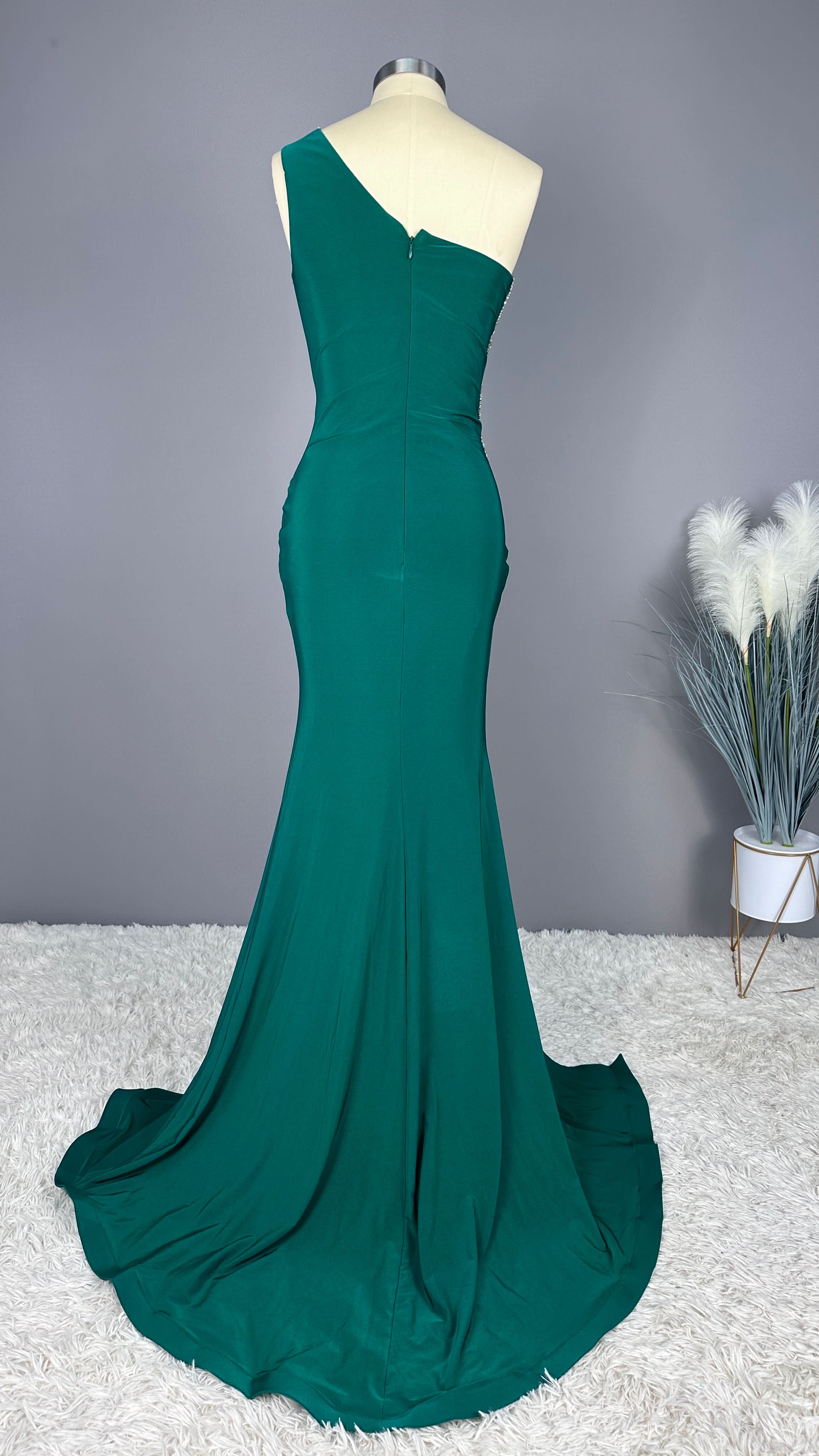 Emerald Green Sleeveless One-Shoulder Appliqued Long Prom Dress BM bride