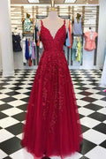 Elegant Spaghetti Strap A Line Long Prom Dress V Neck Tulle With Appliques