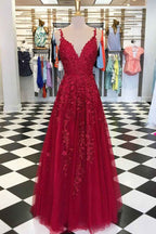 Elegant Spaghetti Strap A Line Long Prom Dress V Neck Tulle With Appliques
