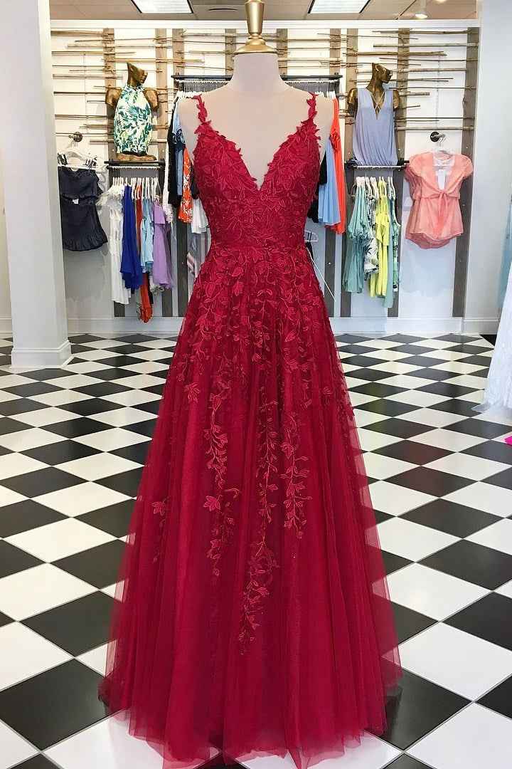 Elegant Spaghetti Strap A Line Long Prom Dress V Neck Tulle With Appliques