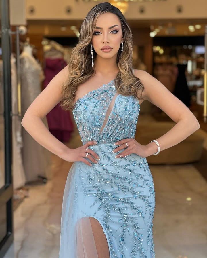Blue One Shoulder Evening Dress with High Slit and Sequined Detail BM bride