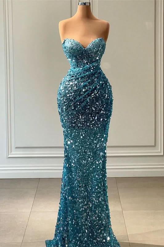 Light Blue Sweetheart Strapless Sleeveless Prom Dress with Sequins BM bride