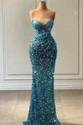 Blue Sleeveless Mermaid Sequins Prom Dress Sweetheart With Pleated