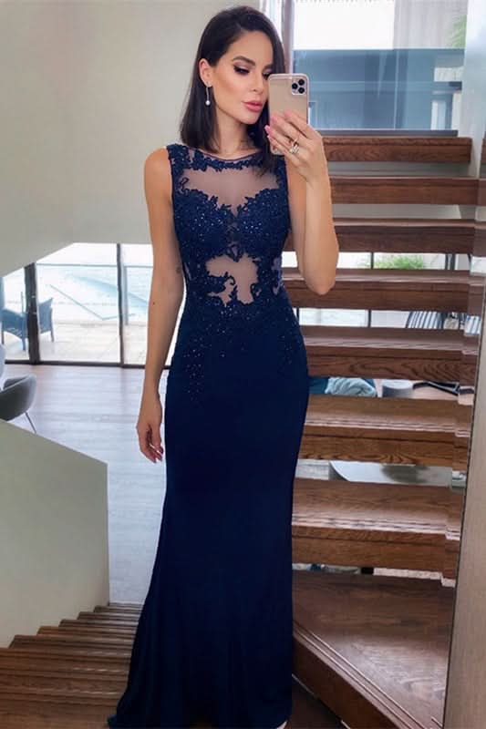 Navy Blue Lace Appliques Mermaid Prom Dress BM bride